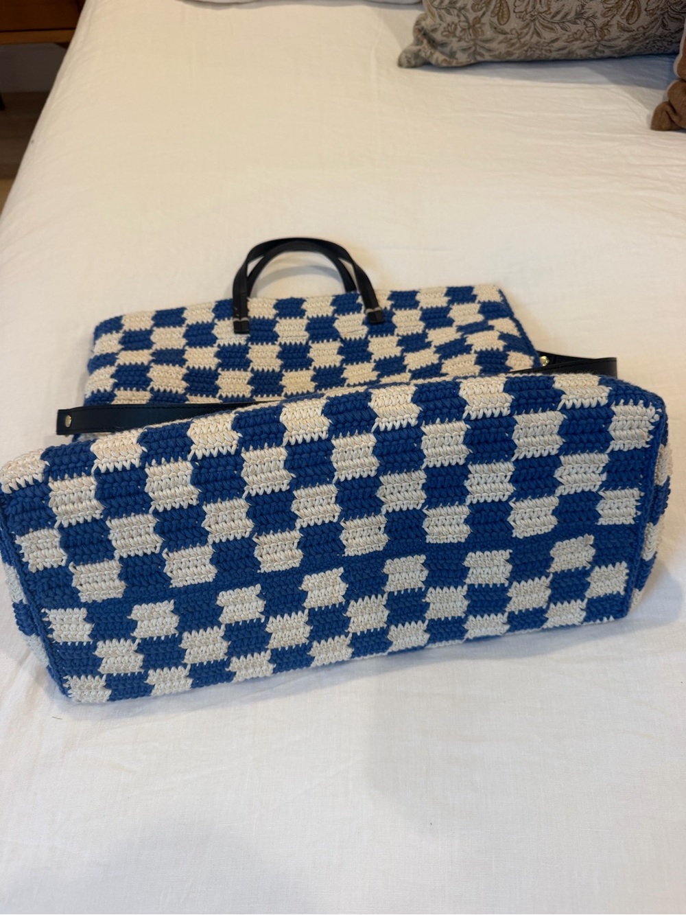 Clare V.  Summer Simple Tote. Blue / Cream Crochet Checker. - Picture 6 of 7